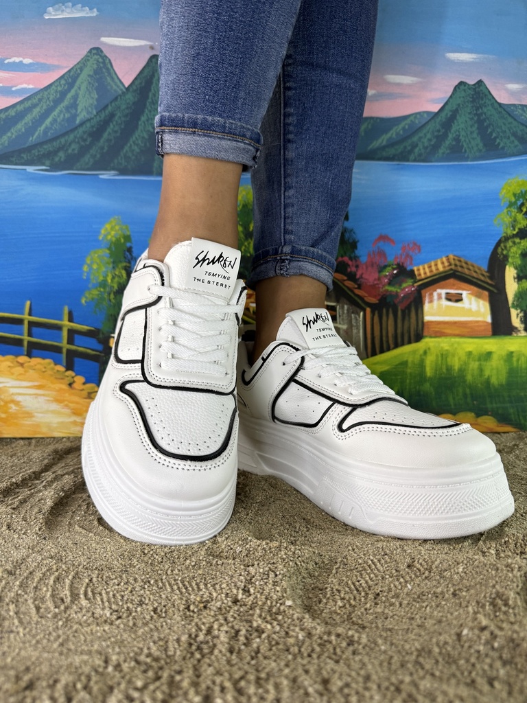 Tenis Plataforma blanco línea negra