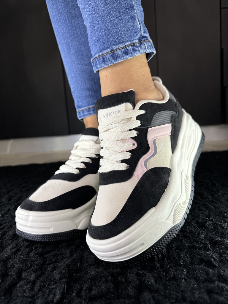 Tenis plataforma negro línea rosa